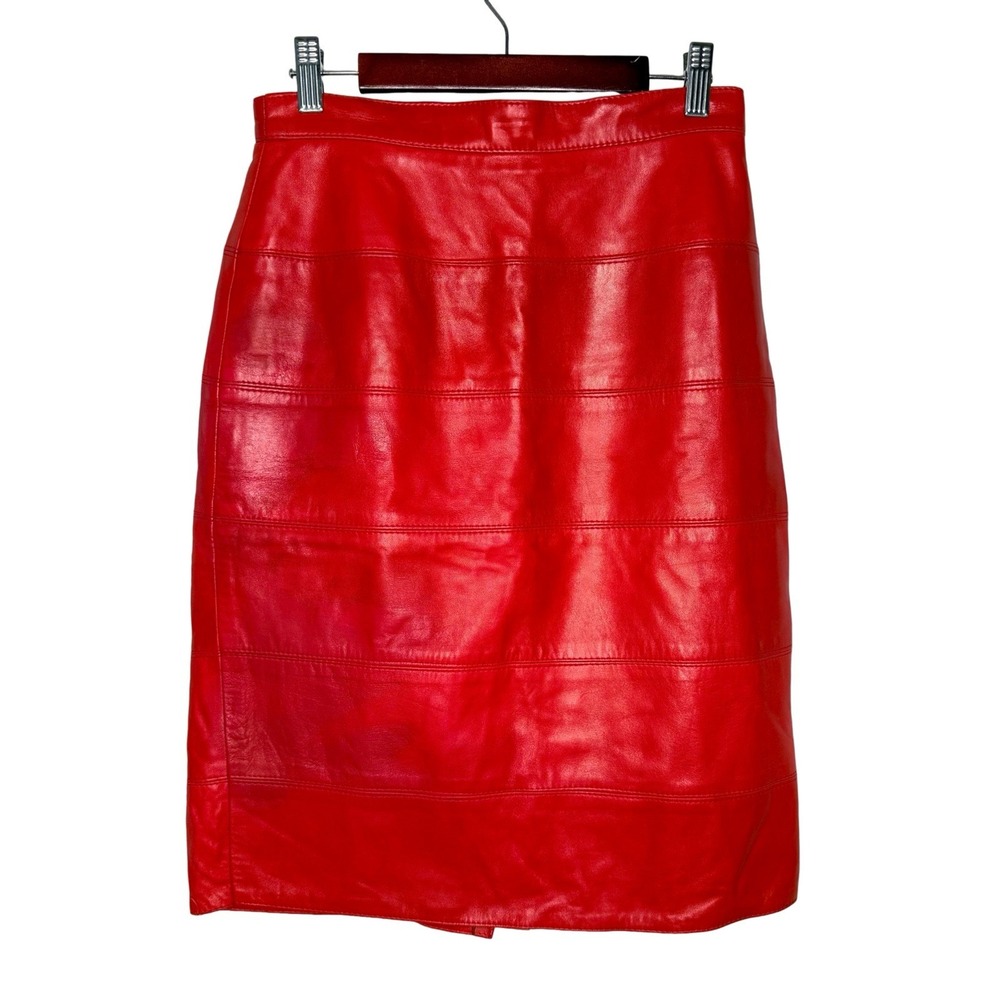 Vakko Neiman Marcus Vintage Red Leather Pencil Skirt Made In USA 80s Size 8